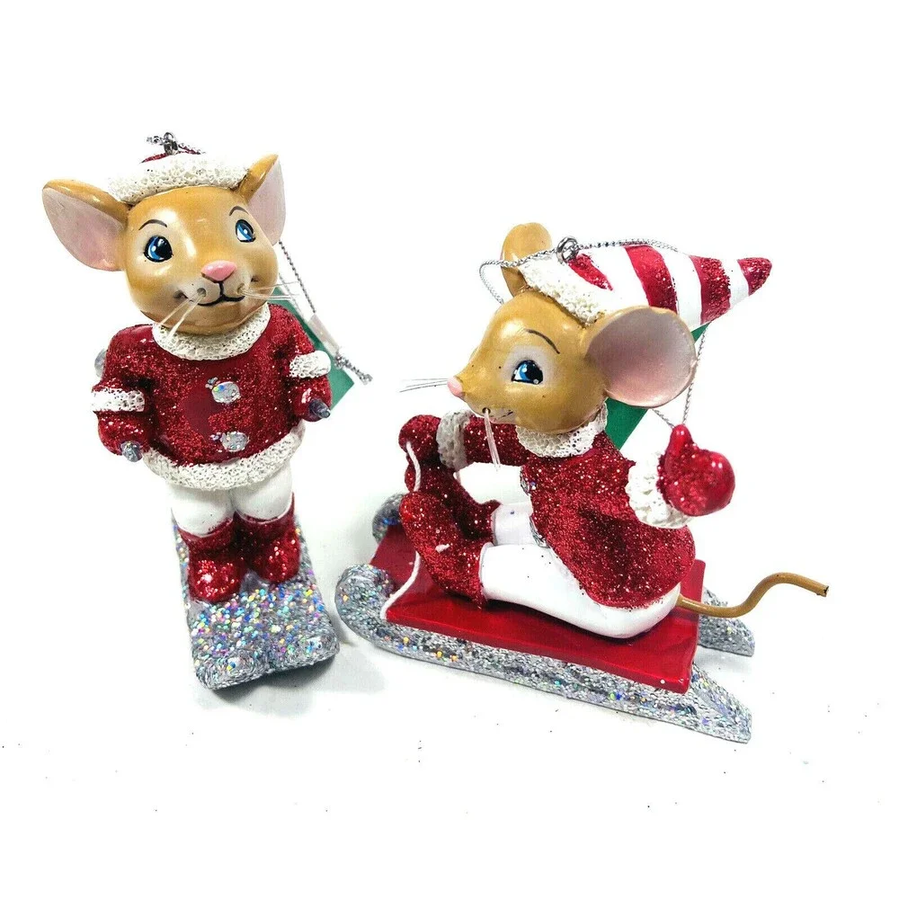 Kurt Adler Red White and Silver Mice Winter Sports Christmas Ornaments Lot of 2